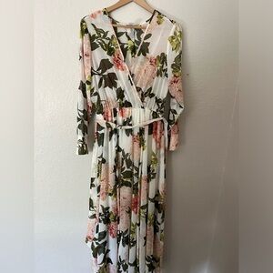Chiffon pink & green floral tea length dress